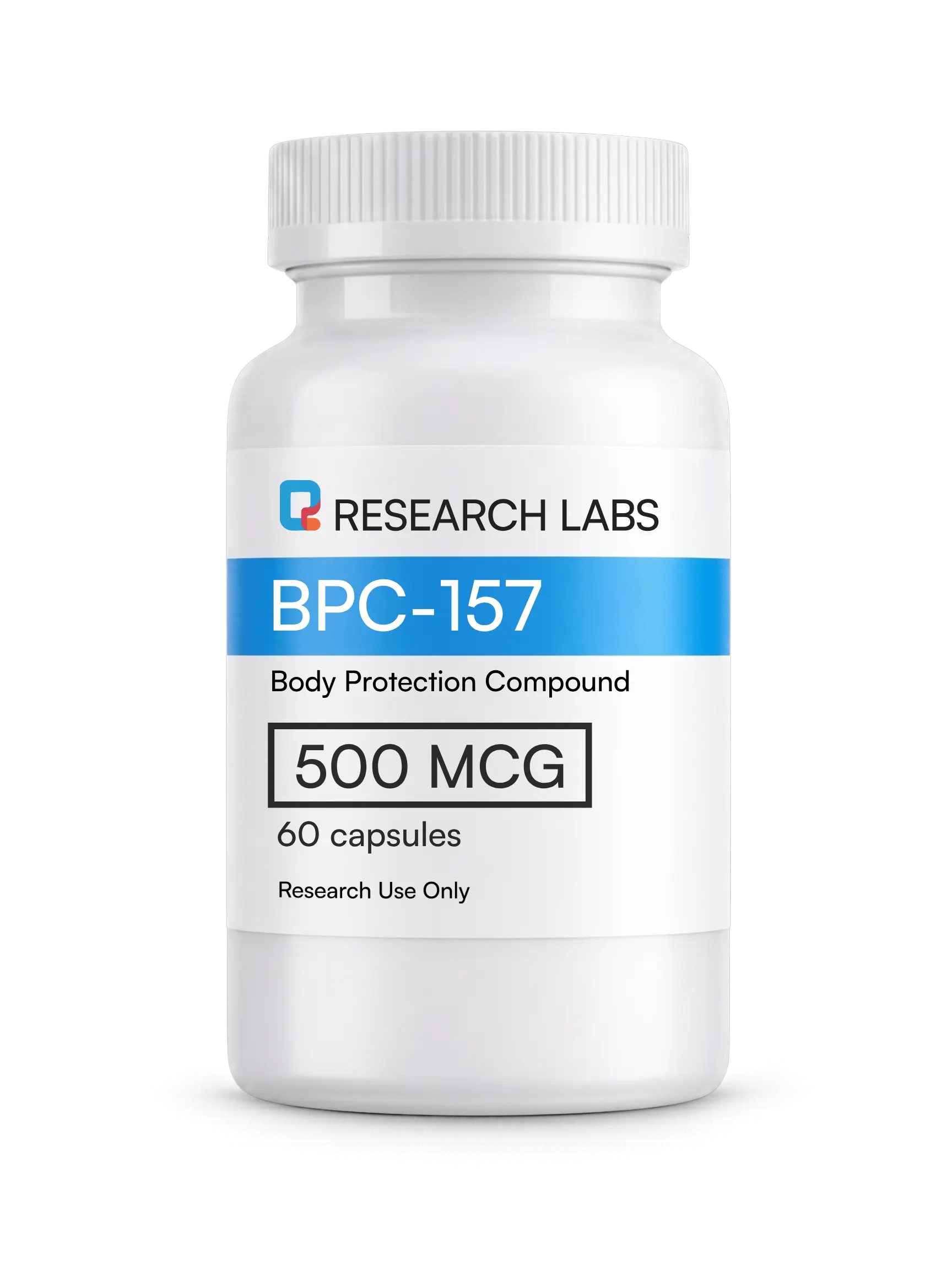 BPC-157 capsules from Research Labs, 500 mcg, 60 capsules for regenerative research.