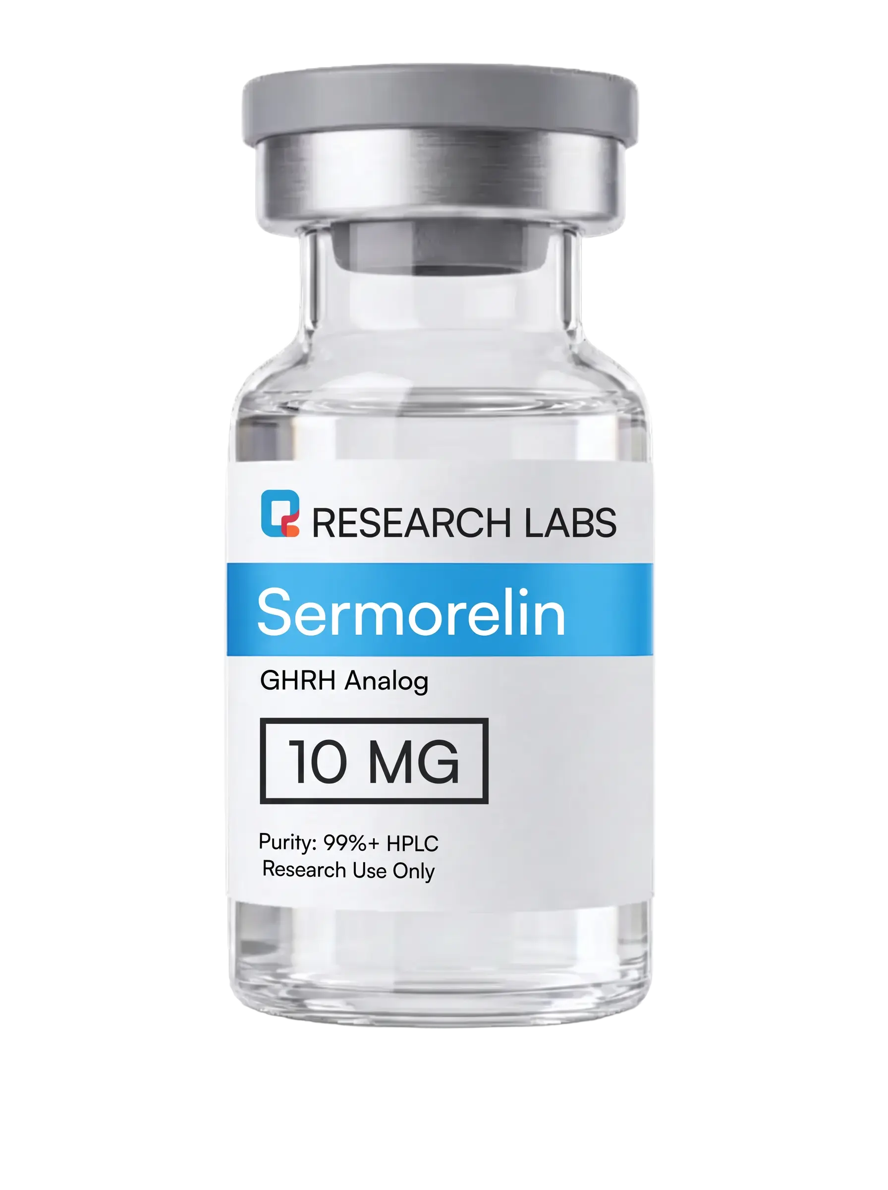 Research Labs vial of Sermorelin, a growth hormone-releasing hormone analog, shown with 10mg purity verified